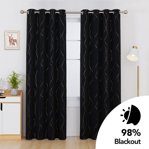 Deconovo Black Blackout Curtains Wave Line with Dots Golden Printed Grommet Window Curtains for Living Room 52 x 84 inch Black 2 Panels