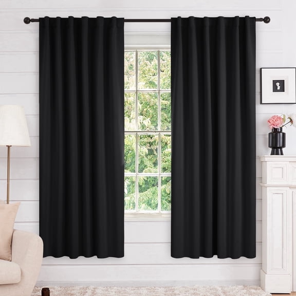 Deconovo Room Darkening Curtains for Bedroom, Solid Color Thermal Insulated Back Tab Curtain Panels, 52x72 Inch, Black, 2 Panels
