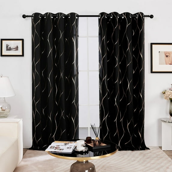 Deconovo Black Blackout Curtains with Gold Foil Lines for Living Room, Grommet Top, 2 Panels, 52x54 inch