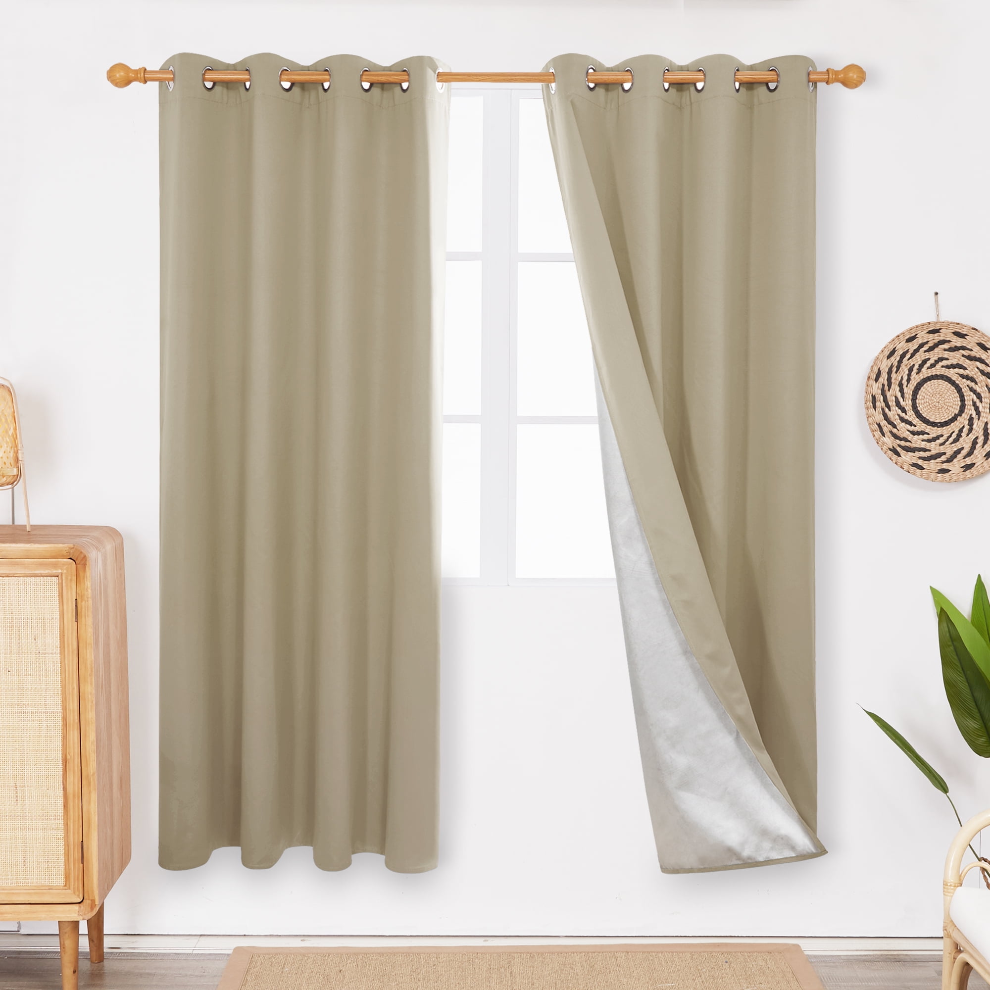 Deconovo Blackout Curtain, 2 Panels, Beige, 52x72 Inch, Room Darkening Drapes with Silver ...