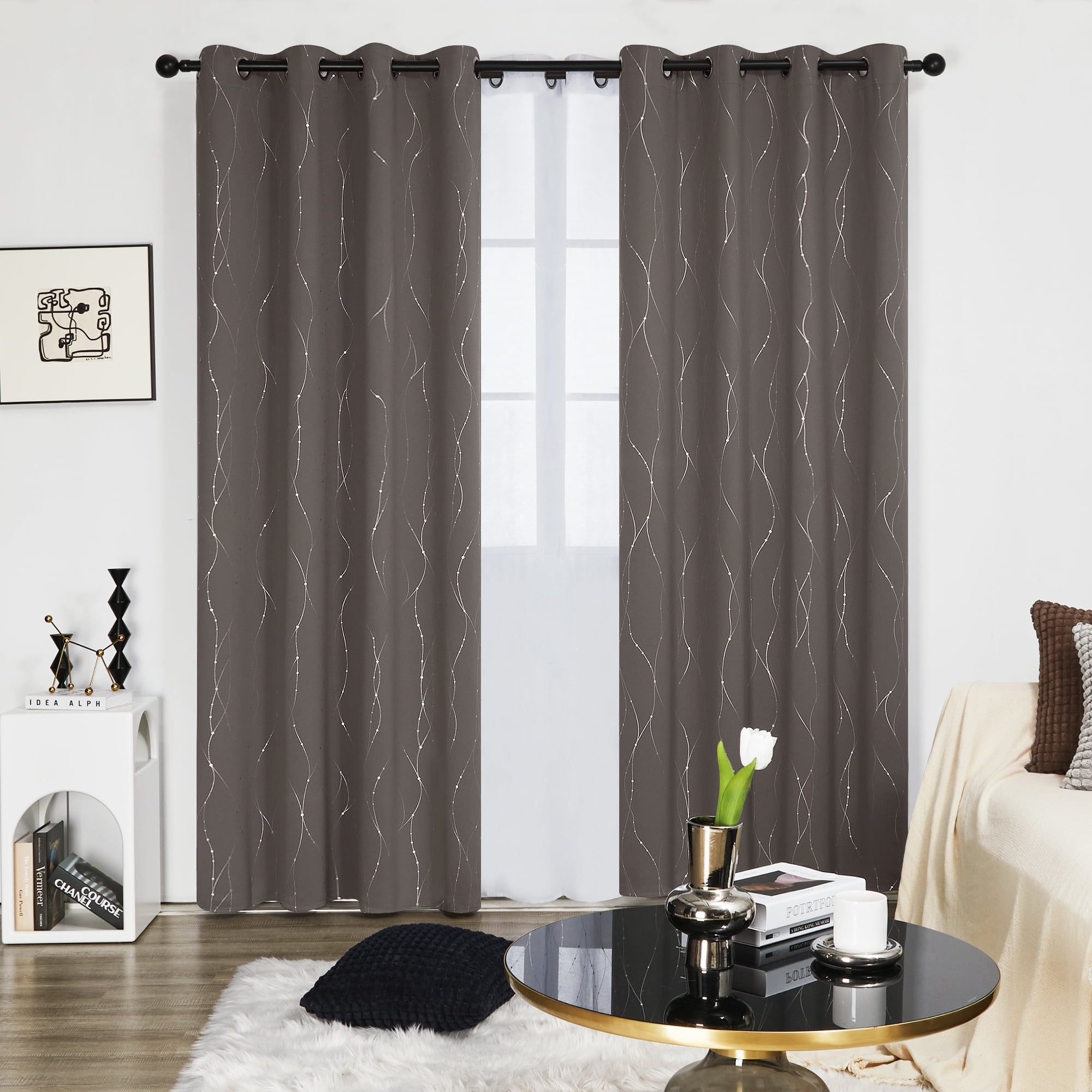 Deconovo Blackout Curtains for Big Windows, 108 inches Long, Set of 2 -  Noise Reducing Curtains, Window Curtains with Wave Line and Dots Pattern  (52 x