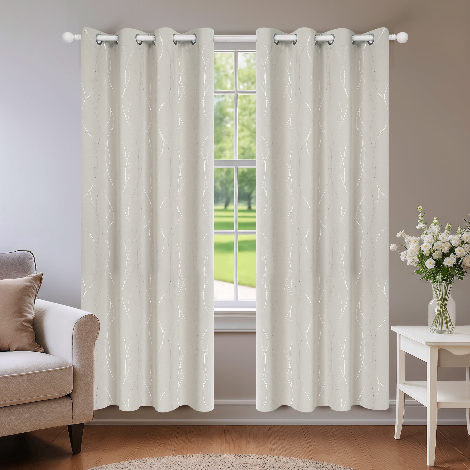 ZOPZO Blackout Curtains, Energy Saving, 2 Panels, Light Beige, 52W x 95L Inch, Noise Reducing, Thermal Insulated With Wave Line and Dots