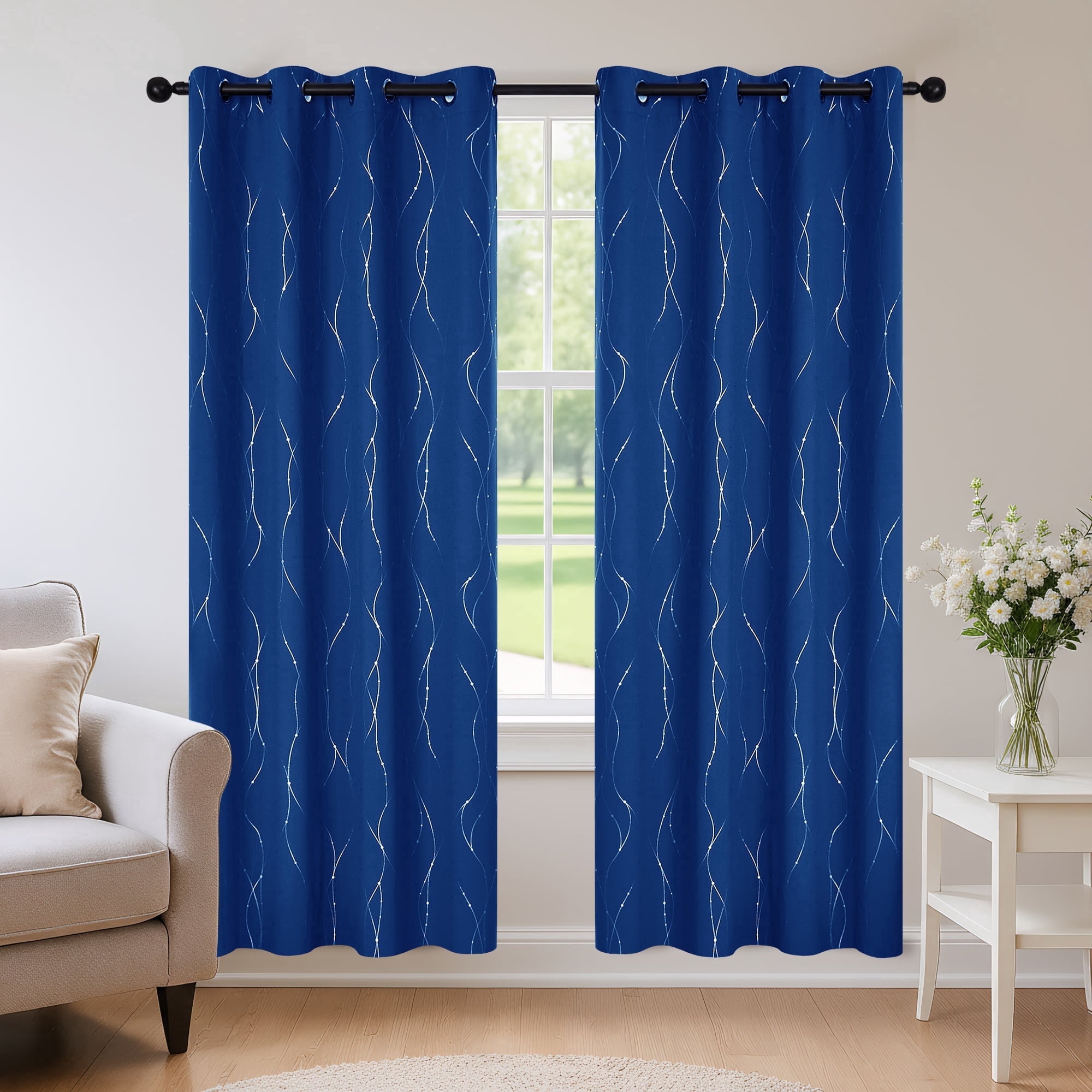 ZOPZO Blackout Curtains, Energy Saving, 2 Panels, Royal Blue, 52W x 95L Inch, Noise Reducing, Thermal Insulated With Wave Line and Dots
