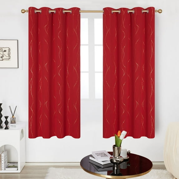 Deconovo Blackout Curtains Golden Printed Wave Line with Dots Design Grommet Top Window Curtains for Bedroom W52 x L72 inch Red 2 Panels