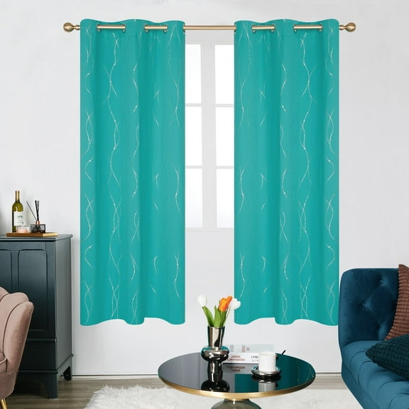 Deconovo Blackout Curtains Golden Wave Line with Dots Printed Grommet Window Curtains for Living Room 42 x 63 inch Turquoise 2 Panels