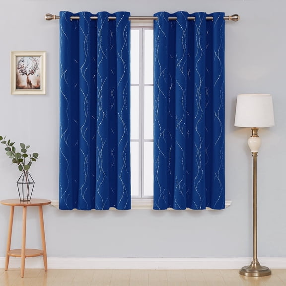 Deconovo Blackout Curtains Grommet Thermal Insulated Room Darkening Curtain for Bedroom, Wave Line and Dots (2 Panels, 52" x 54", Royal Blue)