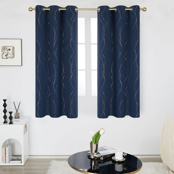 Deconovo Room Darkening Blackout Curtains, Navy Blue, 42W x 45L Inch, Gold Foil Printed Wave Line and Dots Pattern Grommet Window Drapes