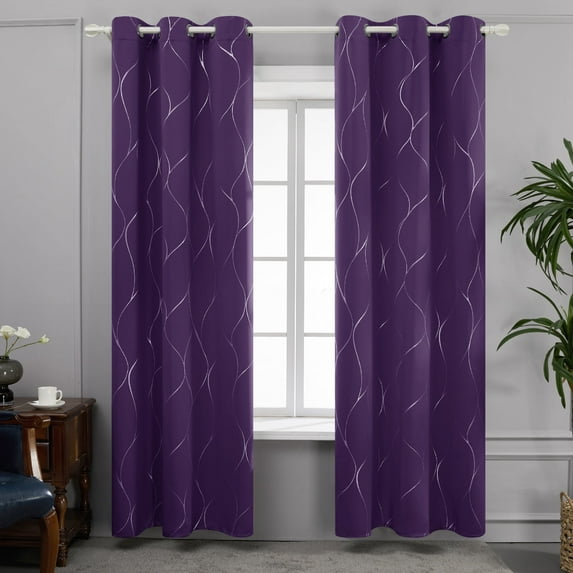 Deconovo Blackout Curtains Noise Reducing Silver Foil Wave Print Thermal Insulated Drapes for Kids Room, Purple Grape