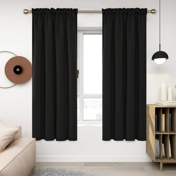 Deconovo Thermal Insulated Blackout Curtains for Bedroom 63 inches Long, 2 Panels Black Rod Pocket Window Curtains, 52"W x 63"L