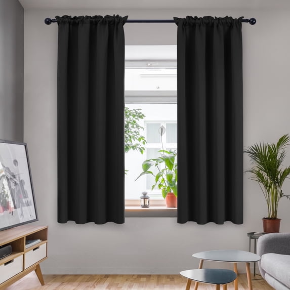 Deconovo Short Blackout Curtains for Small Windows, Rod Pocket Room Darkening Curtains, 42W x 45L inch, Black, 2 Panels