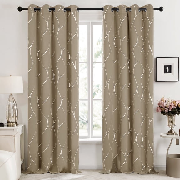 Deconovo Blackout Curtains, Silver Wave Foil Print Grommet Panels, 52x84 in, Khaki, Set of 2