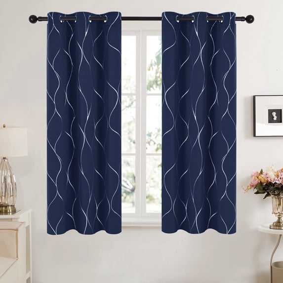 Deconovo Blackout Curtains Silver Wave Foil Print for Living Room, 42x63 inch, 2 Panels, Navy Blue