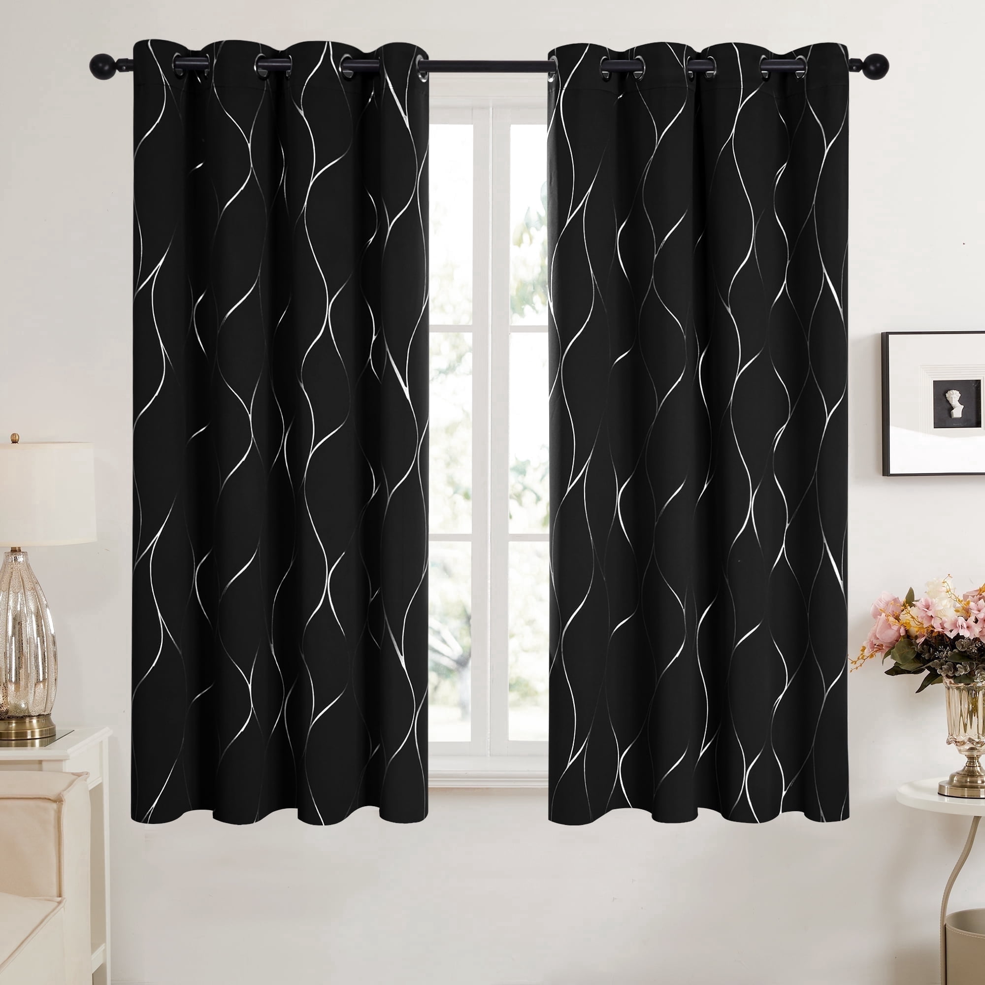Deconovo Blackout Curtains Silver Wave Foil Print for Living Room, 52x63 inch, 2 Panels, Black
