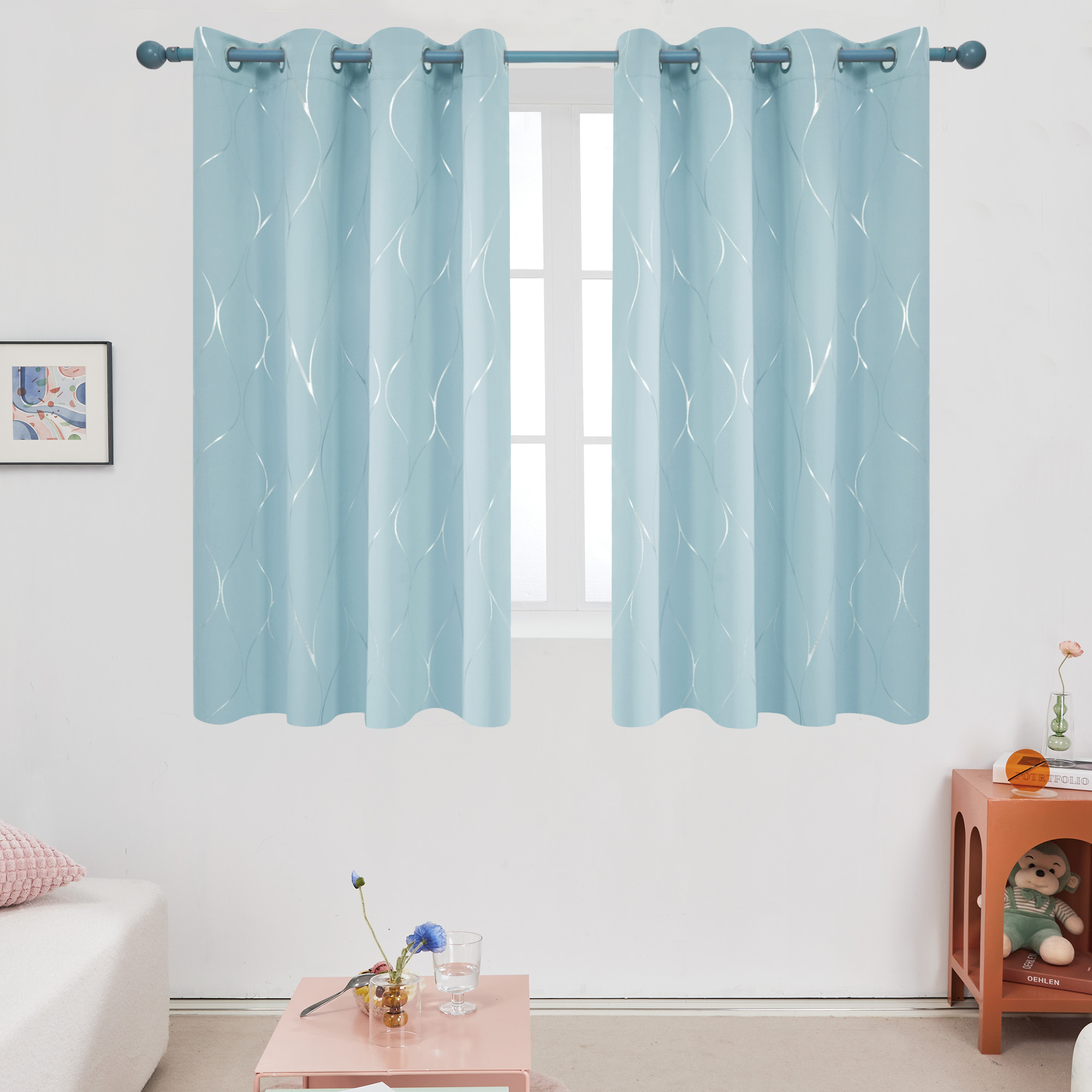 Deconovo Blackout Curtains Silver Wave Foil Printed Thermal Insulated