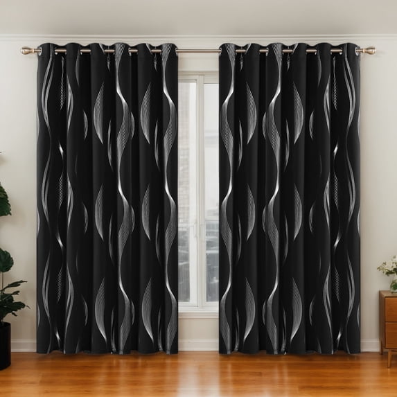 Deconovo Blackout Curtains, Silver Wave Line Print, Black, 66W x 84L Inch, Thermal Insulated, Privacy Drapes for Bedroom, 2 Panels