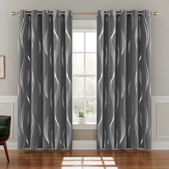 Deconovo Blackout Curtains, Silver Wave Line Print, Dark Gray, 66W x 84L Inch, Thermal Insulated, Privacy Drapes for Bedroom, 2 Panels