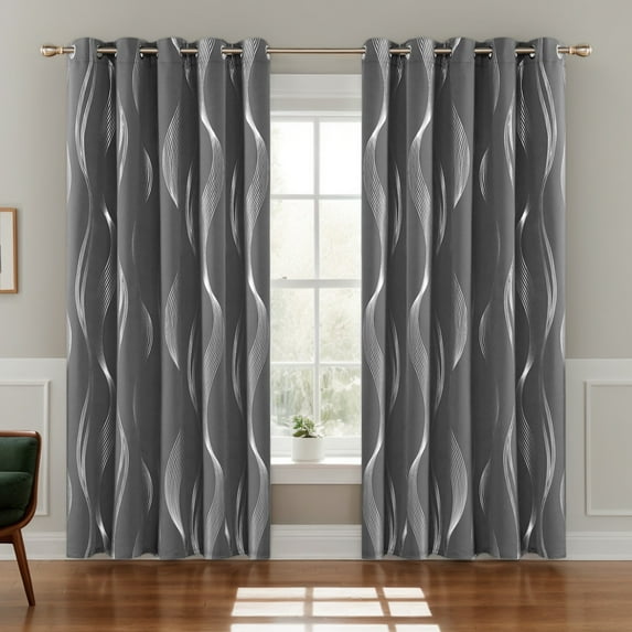 Deconovo Blackout Curtains, Silver Wave Line Print, Dark Gray, 66W x 84L Inch, Thermal Insulated, Privacy Drapes for Bedroom, 2 Panels
