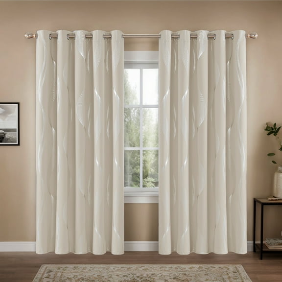 Deconovo Blackout Curtains, Silver Wave Line Print, Light Beige, 66W x 84L Inch, Thermal Insulated, Privacy Drapes for Bedroom, 2 Panels
