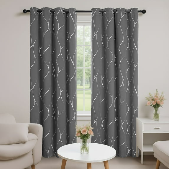 Deconovo Blackout Curtains, Silver Wave Line Print, Light Gray, 52W x 108L Inch, Thermal Insulated, Privacy Drapes for Bedroom, 2 Panels
