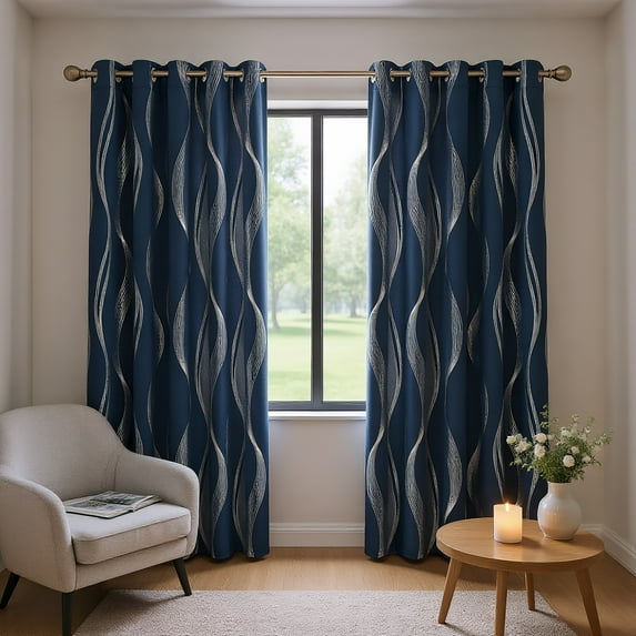 Deconovo Blackout Curtains, Silver Wave Line Print, Navy Blue, 66W x 84L Inch, Noise Reducing, Privacy Drapes for Bedroom, 2 Panels