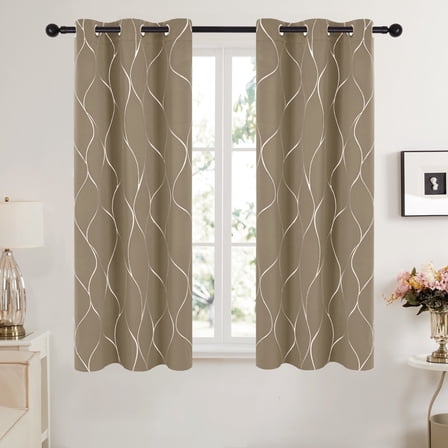 Deconovo Blackout Curtains Wave Foil Print for Bedroom, 42"x63", 2 Panels, Khaki, Thermal Insulated