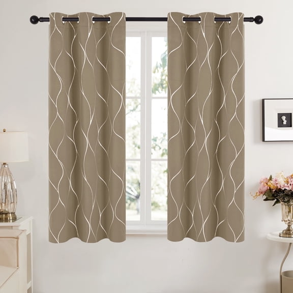 Deconovo Blackout Curtains Wave Foil Print for Bedroom, 42"x63", 2 Panels, Khaki, Thermal Insulated