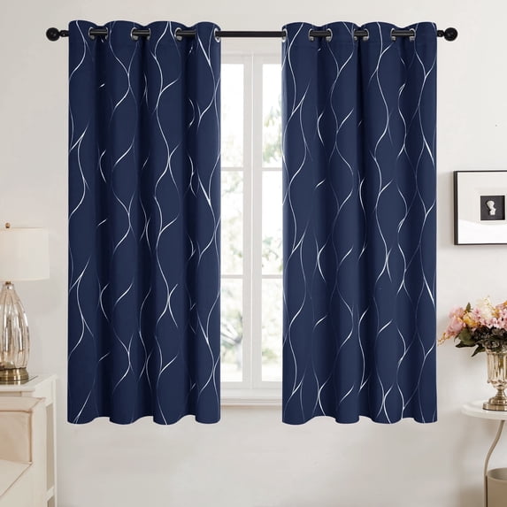 Deconovo Blackout Curtains Wave Foil Printed for Bedroom, 52x63 inch, Navy Blue, Thermal Insulated