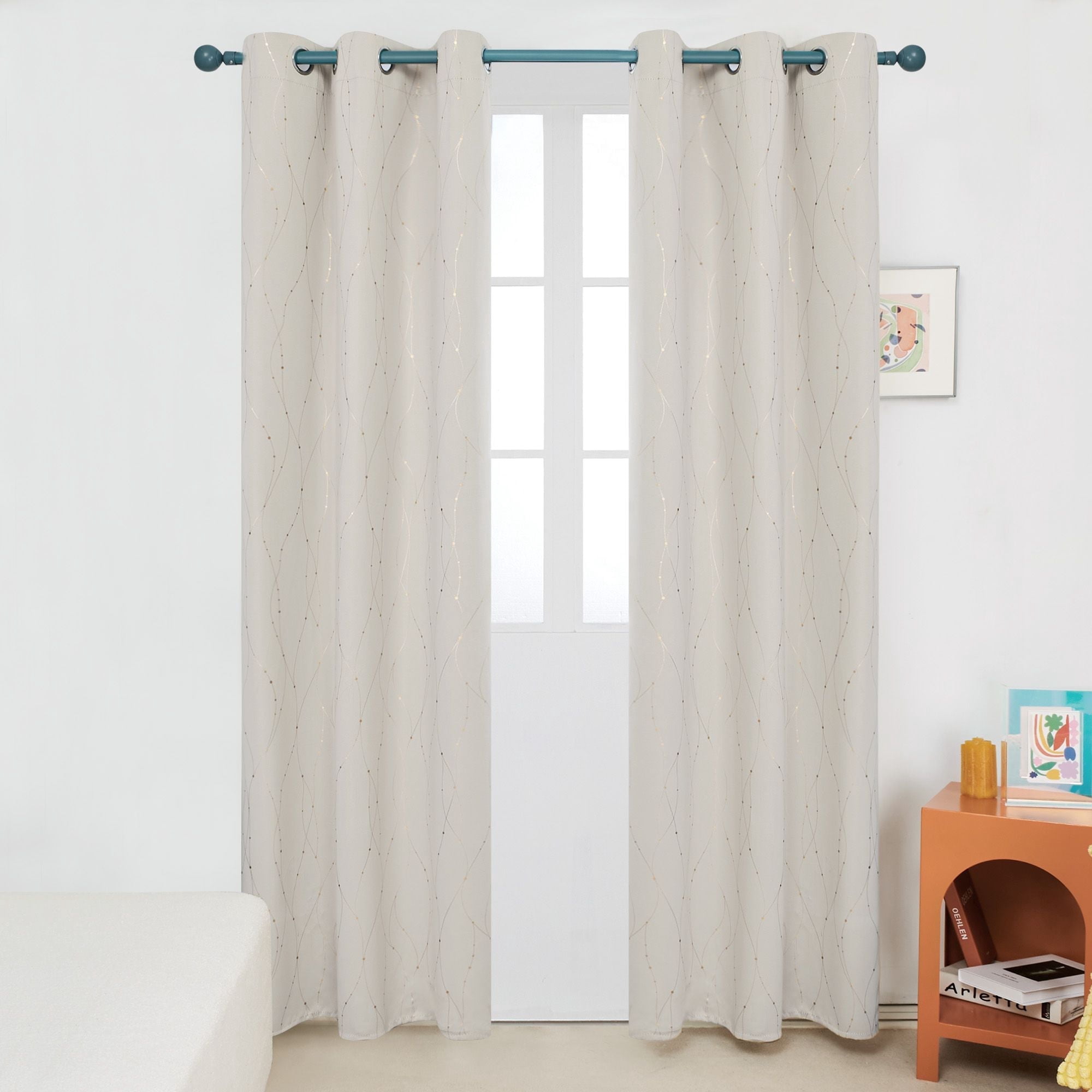 Deconovo Blackout Curtains and Drapes Golden Wave Line with Dots Printed Window Treatment Sets Curtains for Windows 42 x 84 inch Light Beige 2 Panels