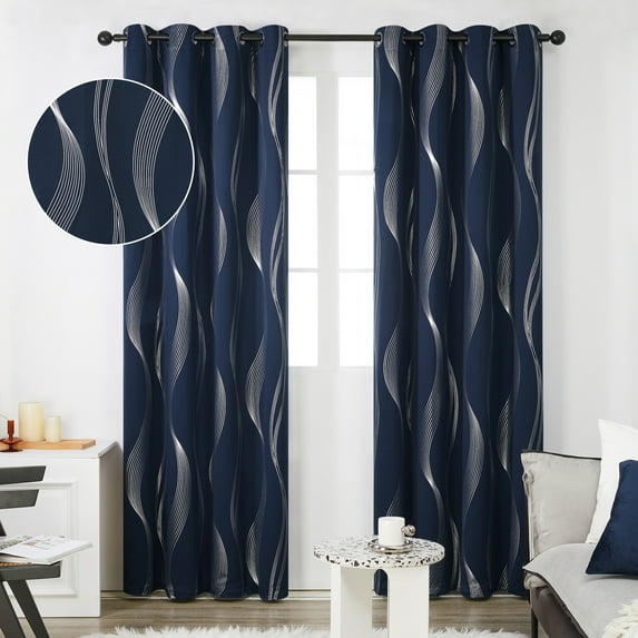 Deconovo Blackout Curtains and Drapes for Bedroom, 84 inch Length - Bedroom Grommet Curtains with Floral Design (52 x 90 inch, Navy Blue, 2 Panels)