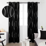 Deconovo Blackout Curtains for Bedroom, 72 inch Long - Thermal Insulated Panels, Wave Lines Pattern (42 x 72 inch, Black, 2 Panels)