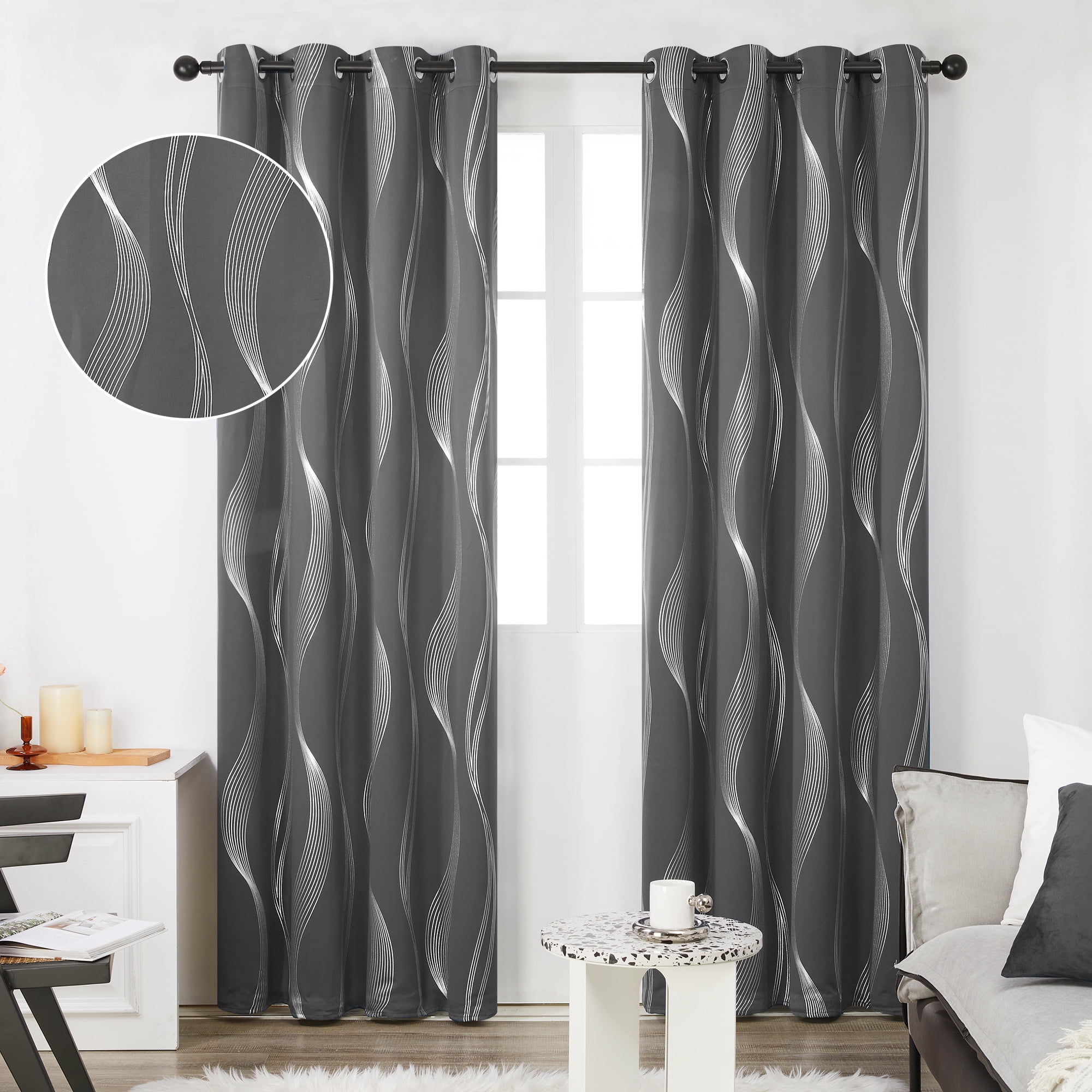 Deconovo Blackout Curtains for Bedroom, 72 inch Long - Thermal Insulated Panels, Wave Lines Pattern (52 x 72 inch, Dark Gray, 2 Panels)
