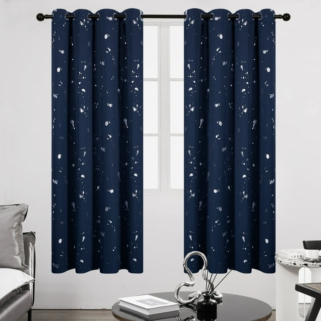 Deconovo Blackout Curtains for Kids Room, Silver Dots Printed Pattern (52W x 63L inch, Navy Blue, 2 Panels)