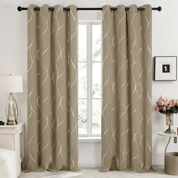 Deconovo Blackout Curtains for Living Room, 52"x84", 2 Panels, Khaki, Silver Wave Foil Print, Adults