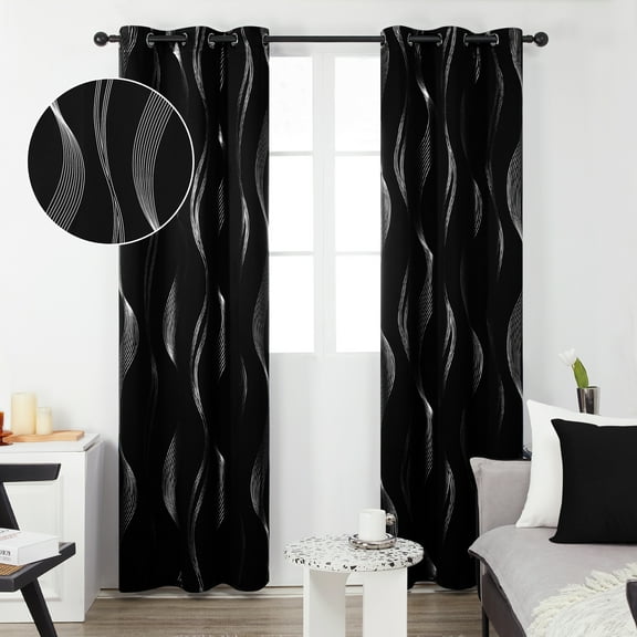 Deconovo Blackout Curtains for Living Room, 63 inch Curtains - Grommet Window Curtains with Wave Line Pattern (42 x 63 inch, Black, 2 Panels)