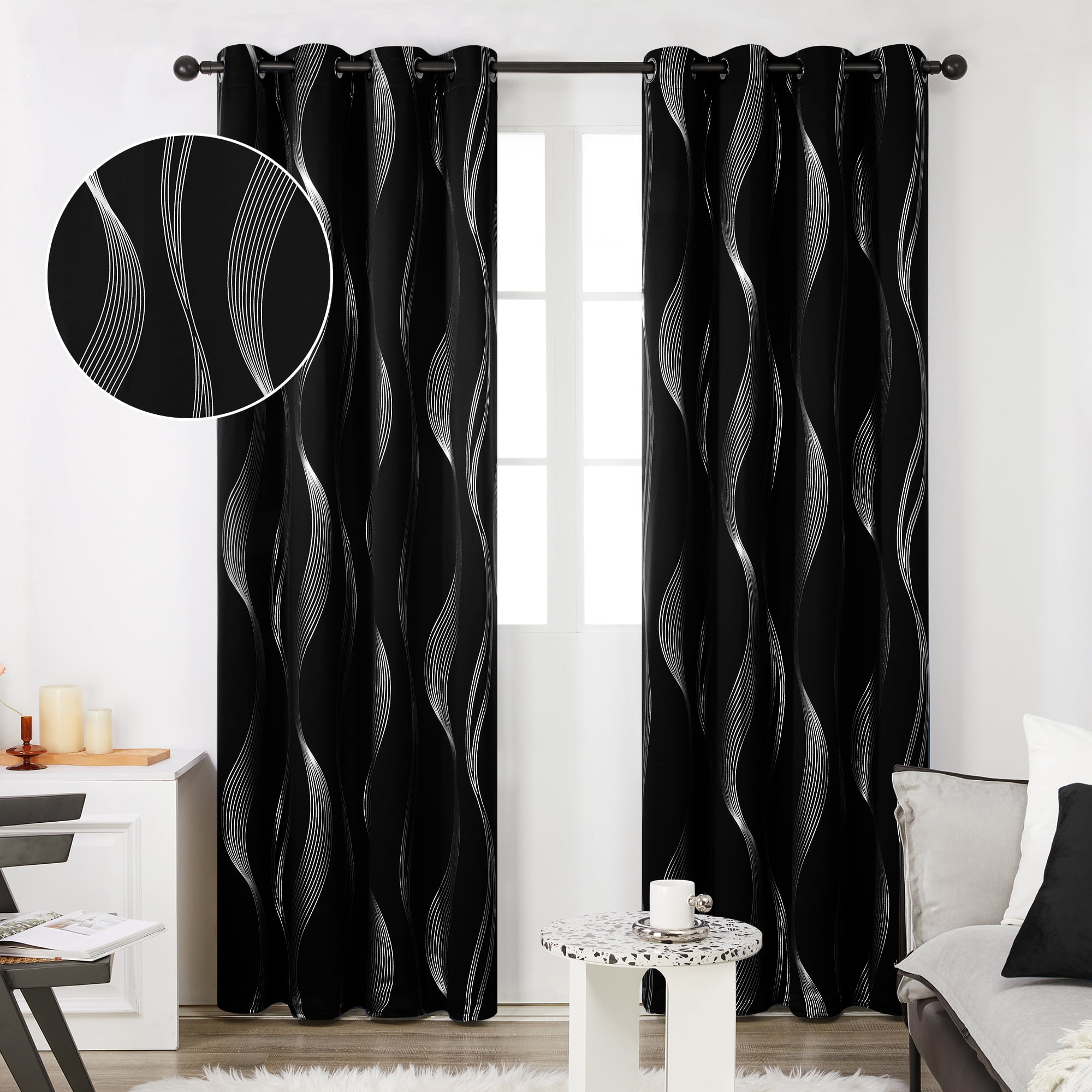 Deconovo Blackout Curtains for Living Room, 63 inch Curtains - Grommet Window Curtains with Wave Line Pattern (52 x 63 inch, Black, 2 Panels)