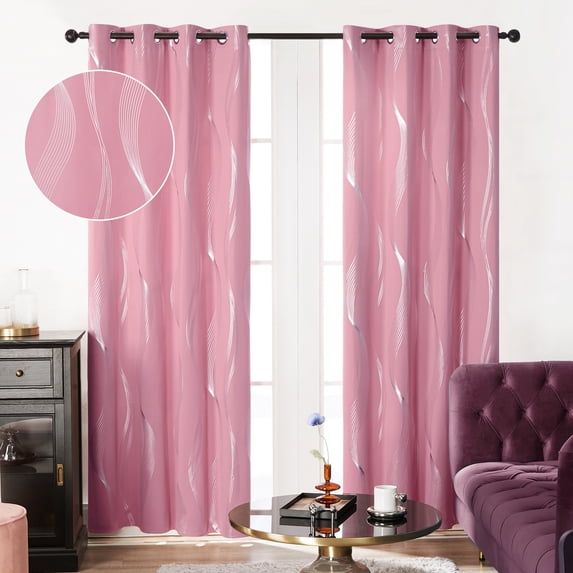 Deconovo Blackout Curtains for Living Room, Wave Foil Printed Room Darkening Window Treatment Grommet Drapes (52 x 45 inch, Pink, 2 Panels)