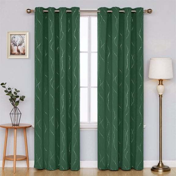 Deconovo Blackout Curtains for Sliding Glass Door Grommet Room Darkening Curtains, Silver Wave Line and Dots (2 Panels, 52" x 108", Dark Forest)