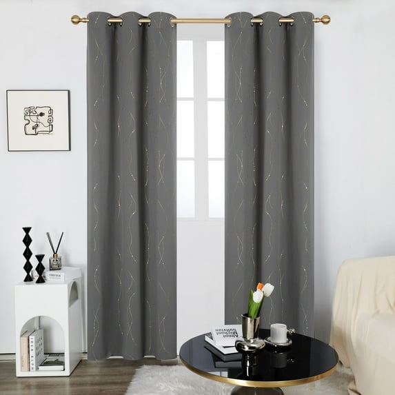 Deconovo Blackout Grommet Curtains with Golden Dots Pattern Room Darkening Curtains for Living Room 42W x 84L inch Grey 2 Panels