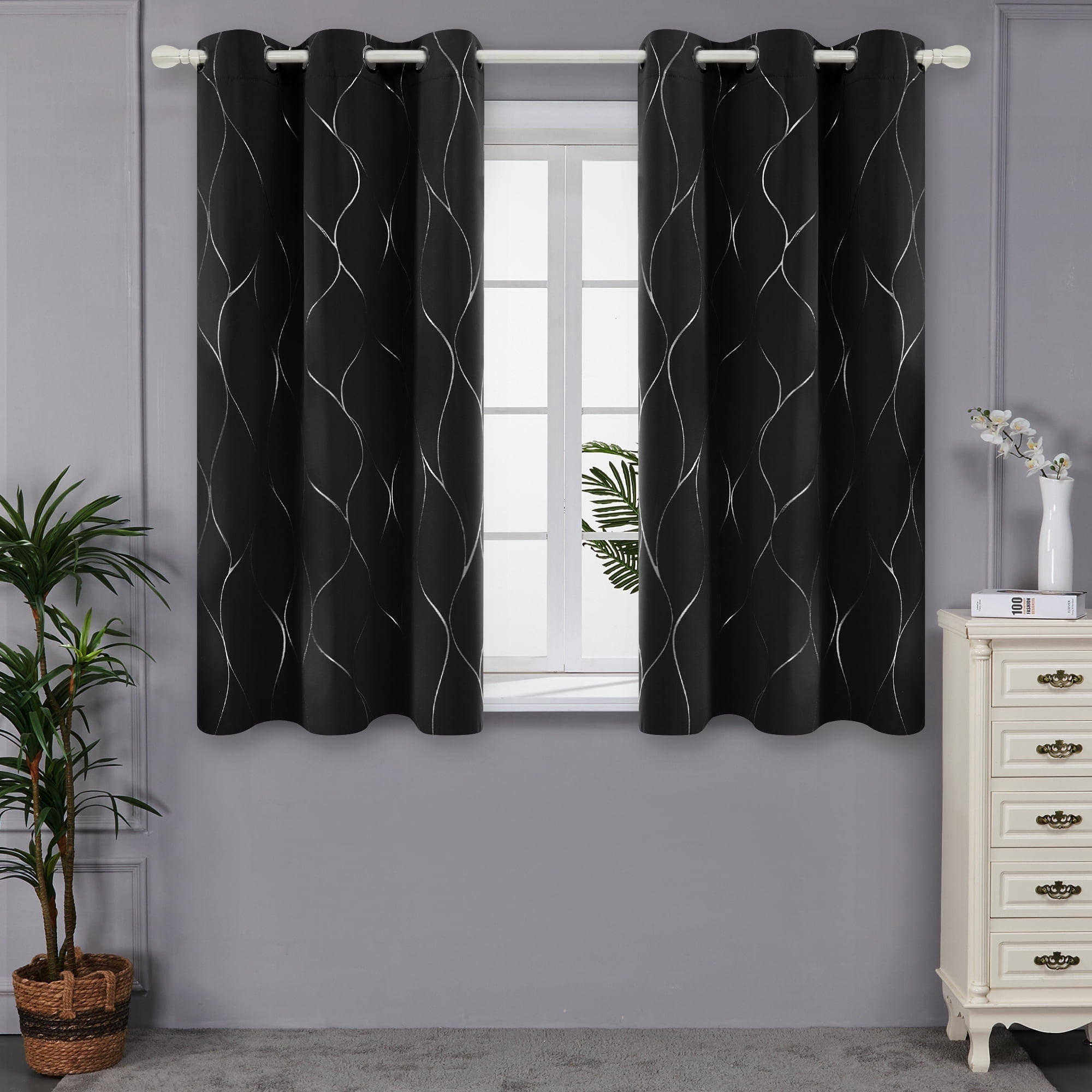 Deconovo Blackout Wave Foil Print Room Darkening Thermal Insulated Curtain 42W x 63L inch, 2 Panels, Black