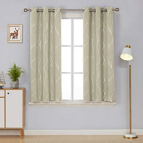 Deconovo Blackout Wave Foil Print Room Darkening Thermal Insulated Curtain 42W x 63L inch, 2 Panels, Light Beige