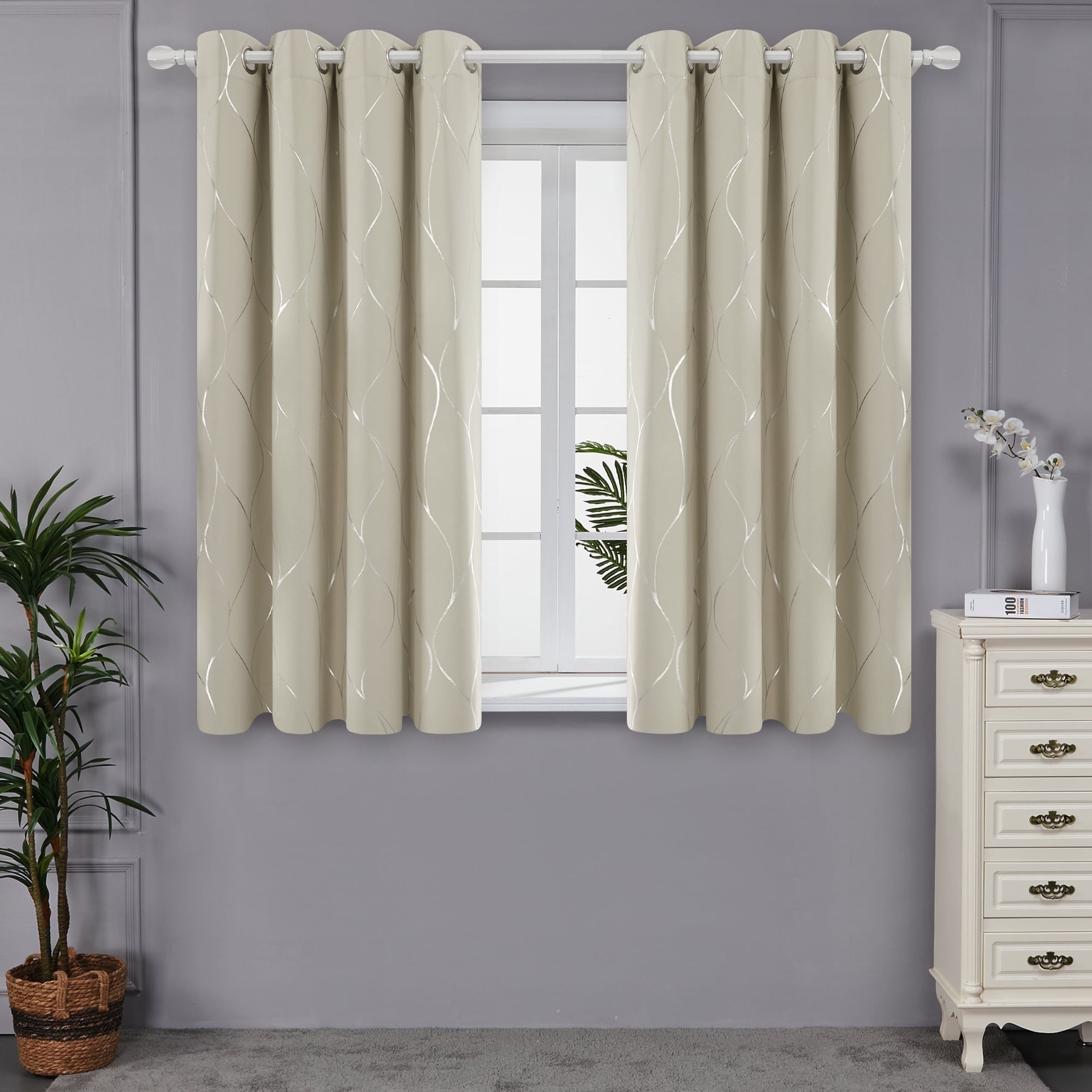 Deconovo Blackout Wave Foil Print Room Darkening Thermal Insulated Curtain 52W x 63L inch, 2 Panels, Light Beige
