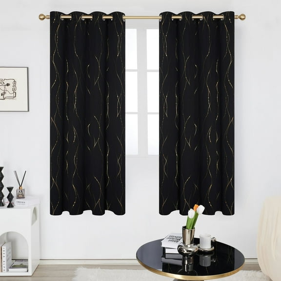 Deconovo Blackout Window Curtains Wave Line with Dots Gold Foil Print Grommet Curtains for Bedroom and Living Room 52 x 72 inch Black 2 Panels