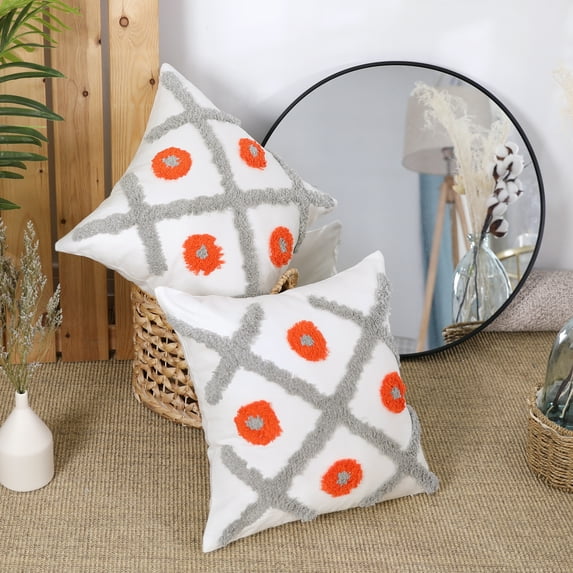 Deconovo Boho Decorative Tufted Throw Pillow Cover Pompoms Pillowcase, Cotton Linen Decorative Pillows Cushion Covers, 18 x 18 inch, Set of 2, Grey and Orange