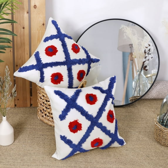 Deconovo Boho Decorative Tufted Throw Pillow Cover Pompoms Pillowcase, Cotton Linen Decorative Pillows Cushion Covers, 18 x 18 inch, Set of 2, Navy Blue and Red