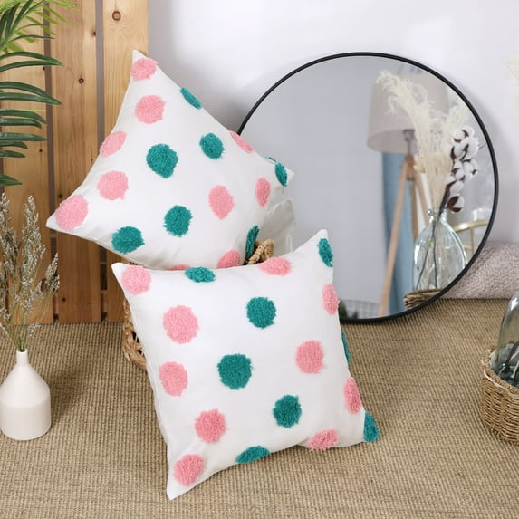 Deconovo Boho Decorative Tufted Throw Pillow Cover Pompoms Pillowcase, Cotton Linen Decorative Pillows Cushion Covers, 18 x 18 inch, Set of 2, Pink and Teal