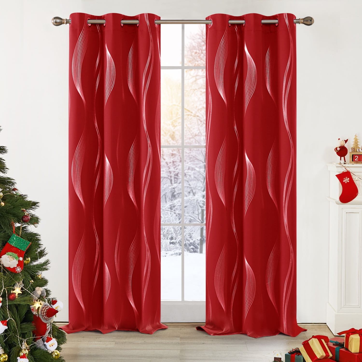 Deconovo Christmas Blackout Curtains for Dining Room, Wavy Pattern Foil