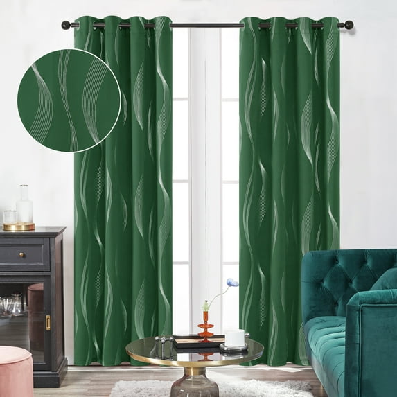 Deconovo Christmas Blackout Curtains, Thermal Insulated Room Darkening Drapes, Silver Wave Stripe Foil Printed (52 x 45 inch, Dark Forest, 2 Panels)