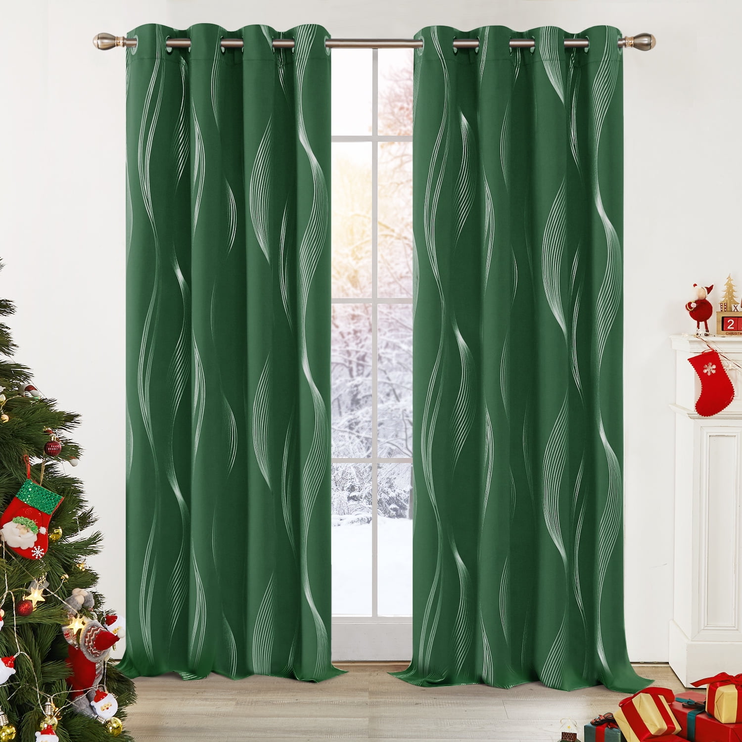 Deconovo Christmas Dark Green Wave Printed Blackout Curtains, Room Darkening Energy Efficient Grommet Curtains for Living Room (52 x 54 inch, Dark Forest, 2 Panels)