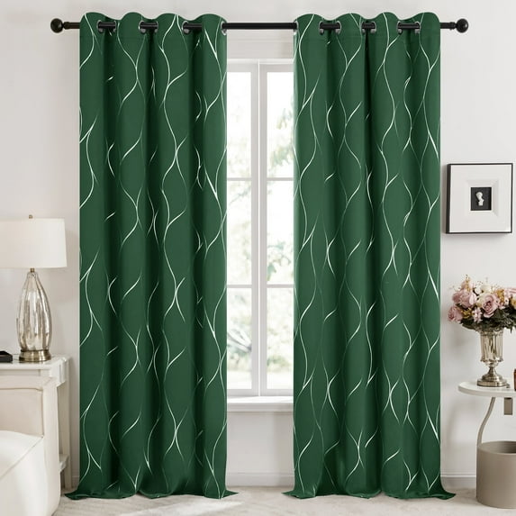 Deconovo Christmas Extra Long Grommet Blackout Curtains Silver Foil Wave Printed Room Darkening Curtain Noise Reduction Drapes 52Wx 108L inches Dark Forest 2 Panels