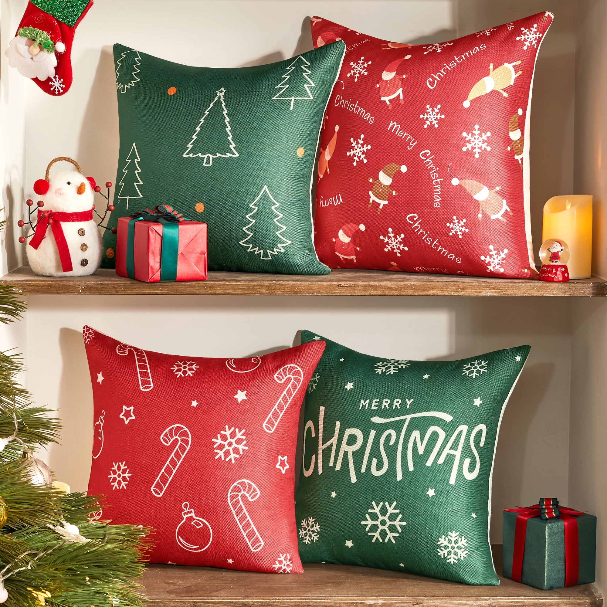4-Pack Christmas Square Pillow Covers,18x18 Inches Velvet Touch